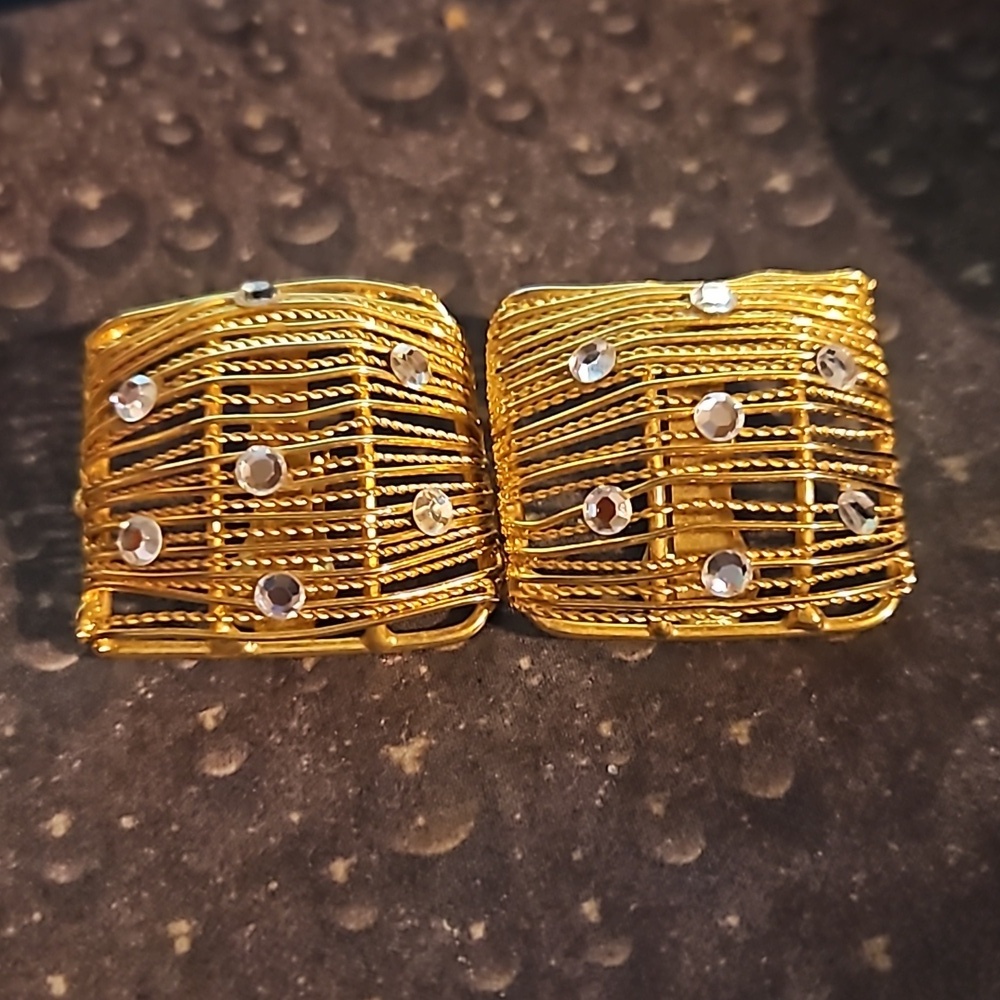 Goldtone Square Rhinestone Clip Earrings